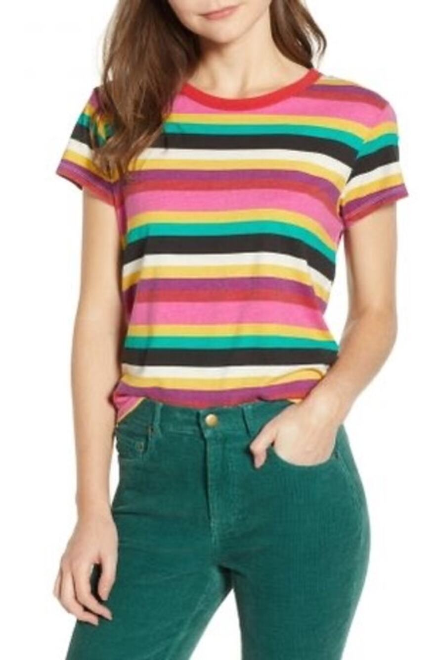 PAM + GELA Rainbow Stripe Cotton Crewneck Ringer Short Sleeve Tee Size Small